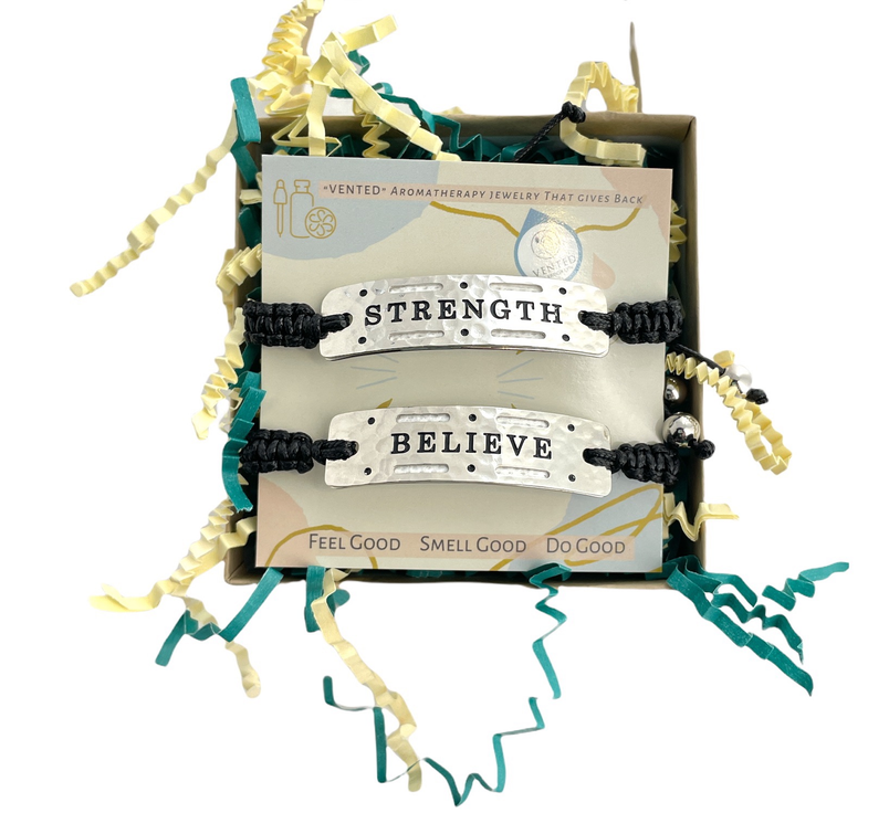 Believe/Strength Vented In Brooklyn Power Word Aromatherapy Essential Oil  Diffuser Bracelet  2 Pack in Silver